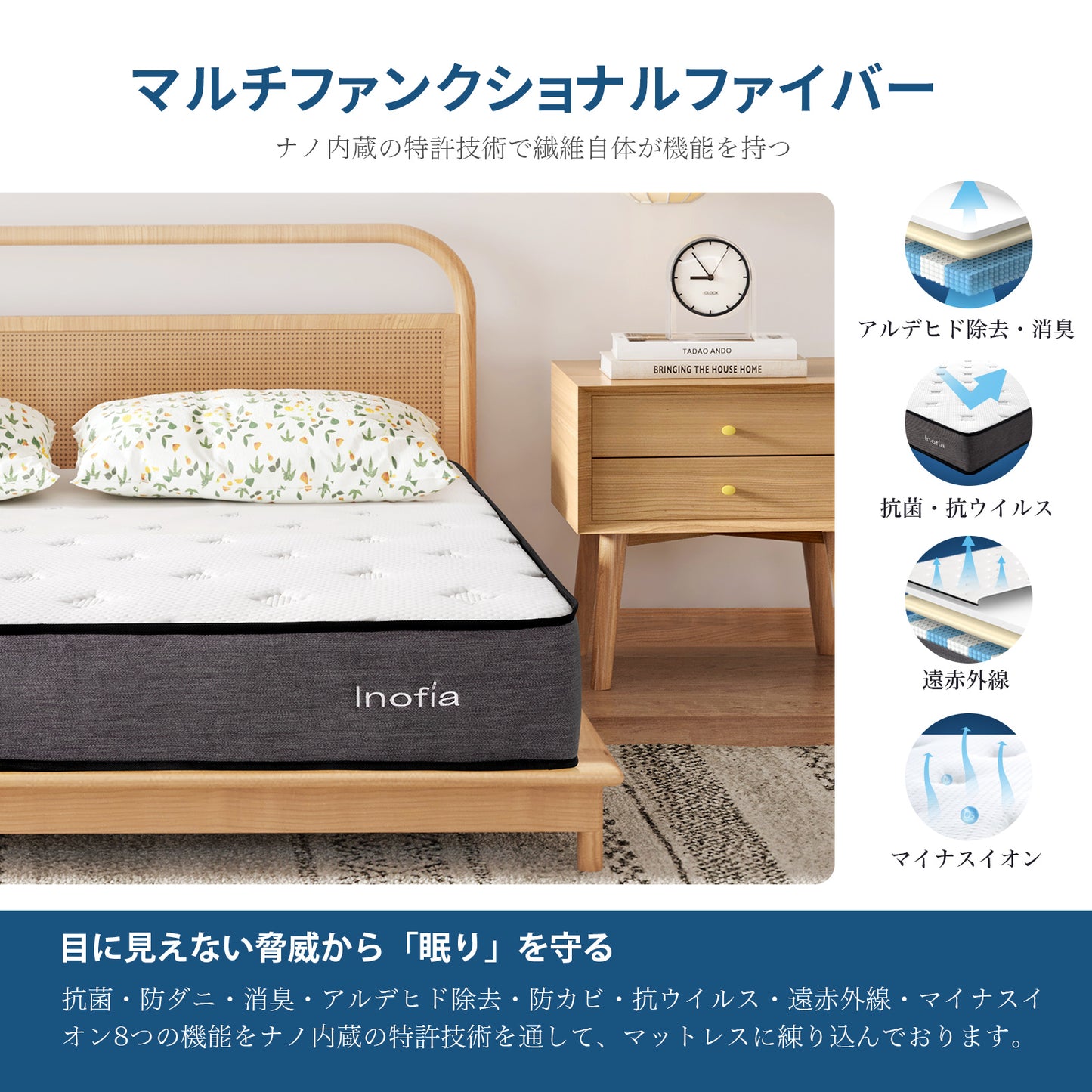 Inofia マットレス 高反発 極厚22cm ポケットコイル 新素材ウレタンフォーム 防カビ 抗ウイルス 遠赤外線 マイナスイオン