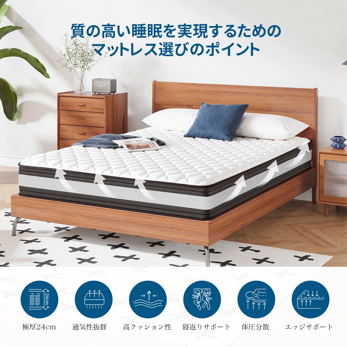 Inofia マットレス 高反発 極厚24cm ポケットコイル 体圧分散 快適睡眠 極上の寝心地