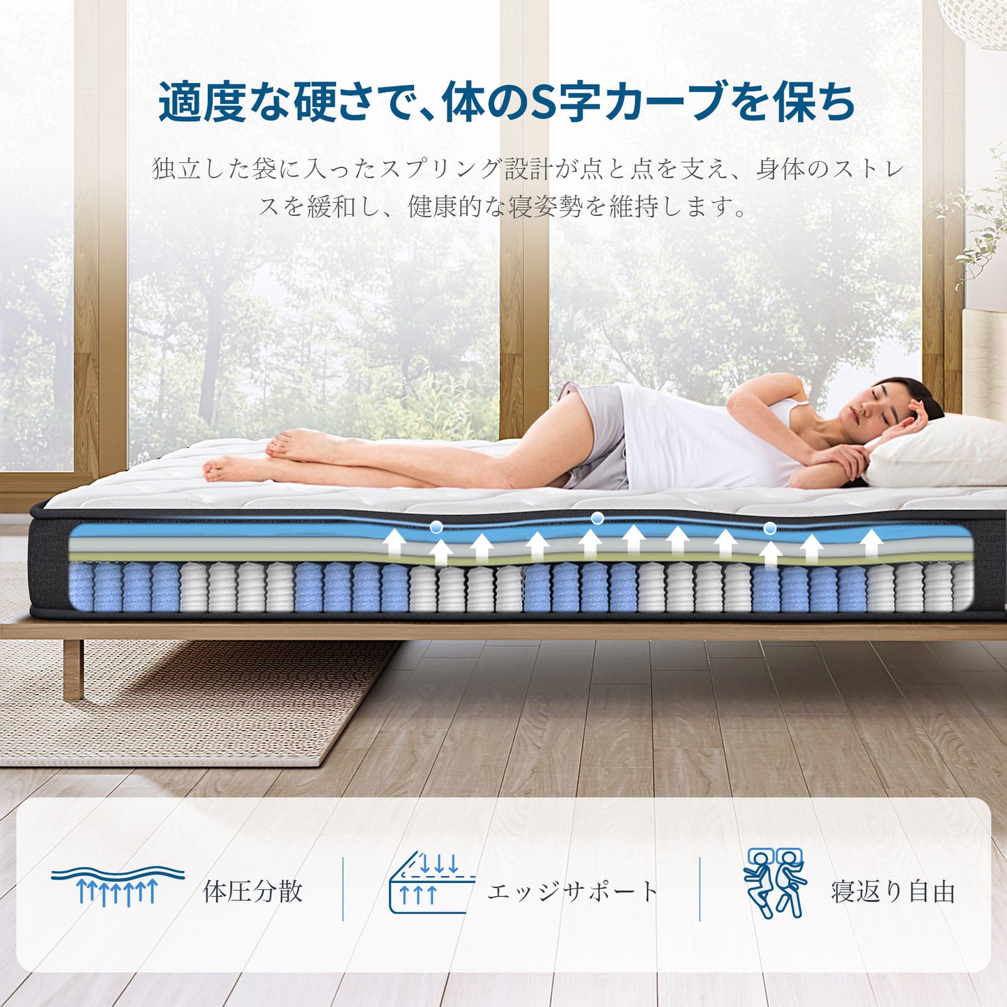 Inofia マットレス 高反発 極厚22CM ポケットコイル 高密度ウレタン 底付き感無し