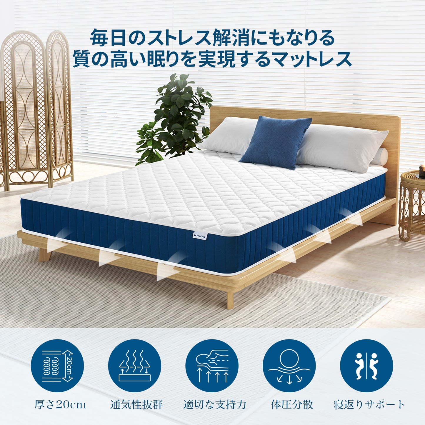 Inofiaマットレス 高反発 極厚20cm ポケットコイル 体圧分散 通気性 高密度ウレタン 高耐久性