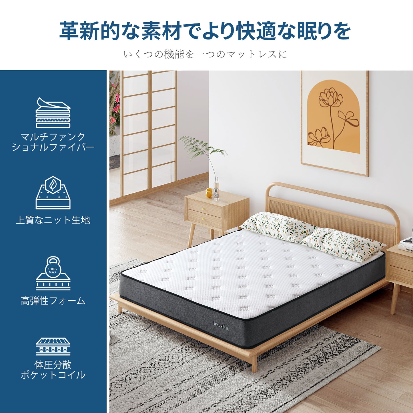 Inofia マットレス 高反発 極厚22cm ポケットコイル 新素材ウレタンフォーム 防カビ 抗ウイルス 遠赤外線 マイナスイオン