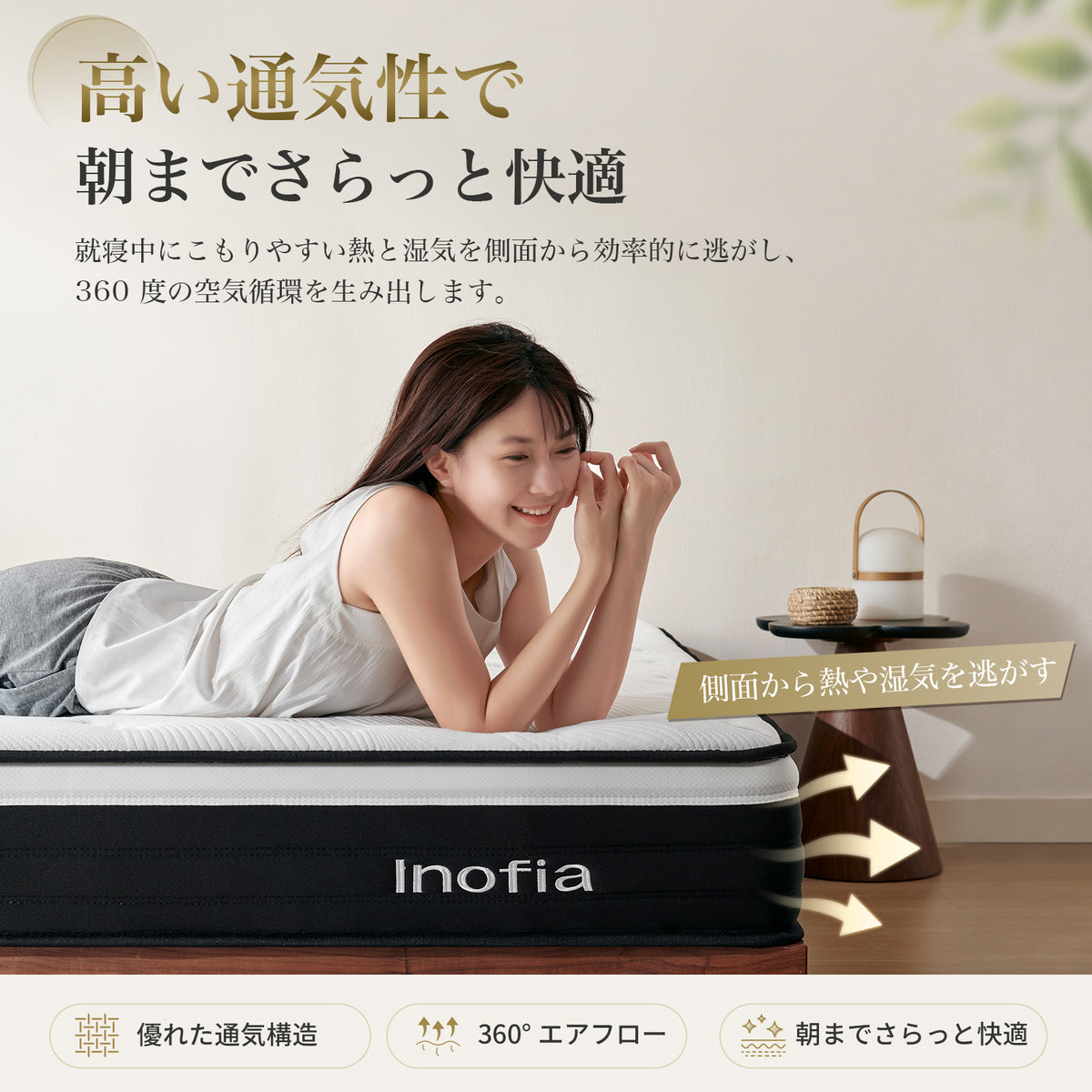 Inofia マットレス 極厚22cm ポケットコイル 高反発 ベッド 通気性 高耐久性 圧縮梱包 持ち運び便利 底付き感無し 一人暮らし