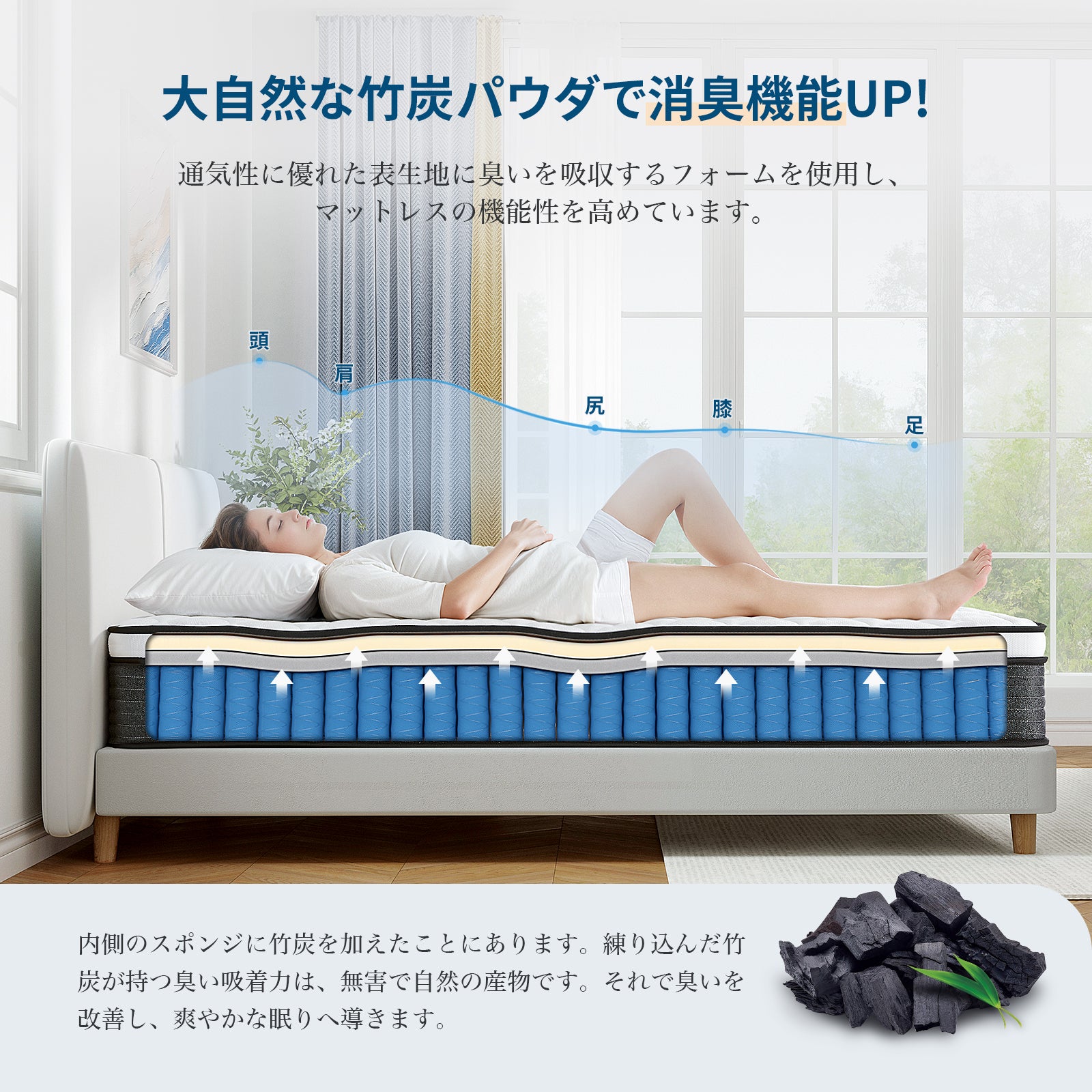 Inofia マットレス 高反発 極厚25cm ポケットコイル 竹炭ラテックス 体